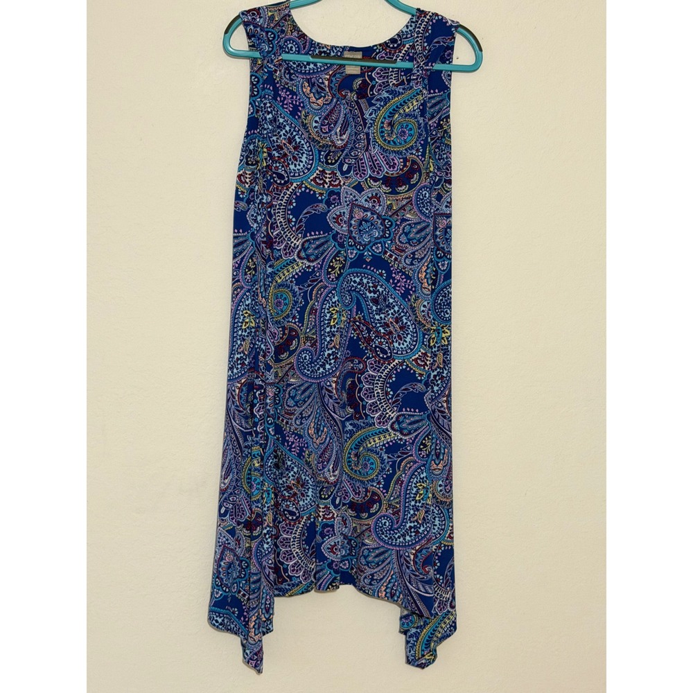 Chicos Blue Paisley Sharkbite Hem Sleeveless Midi Dress Size 2P Large 12/14